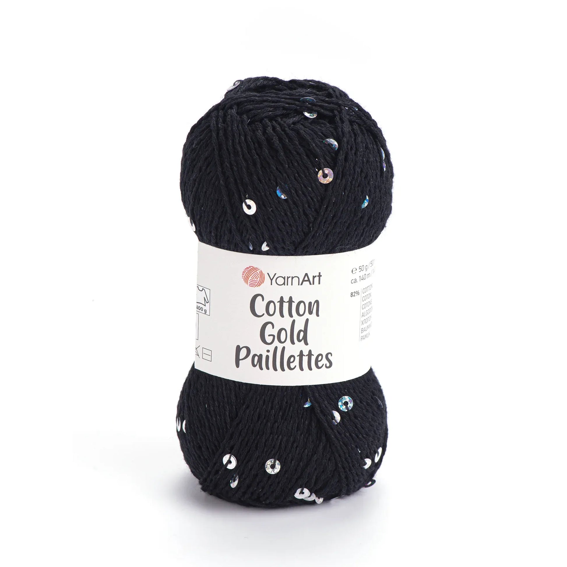 Ovillo de hilo YarnArt Cotton Gold Paillettes negro con lentejuelas brillantes, ideal para tejidos y amigurumis.