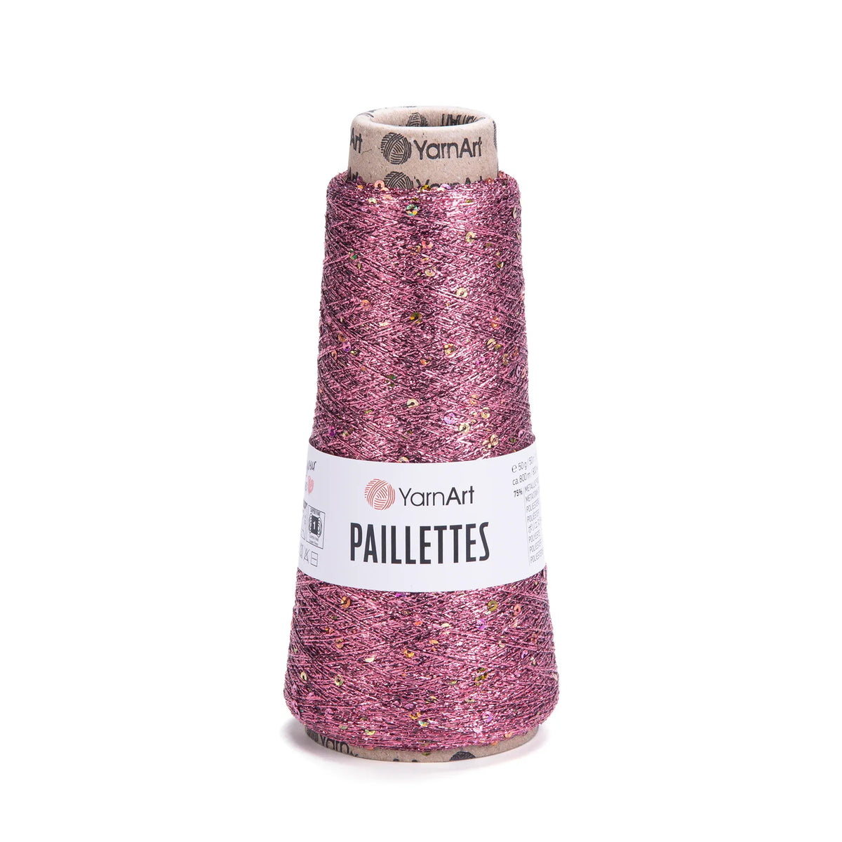 Cono de hilo Paillettes de YarnArt color Malva, hilo ultra fino con lentejuelas metálicas