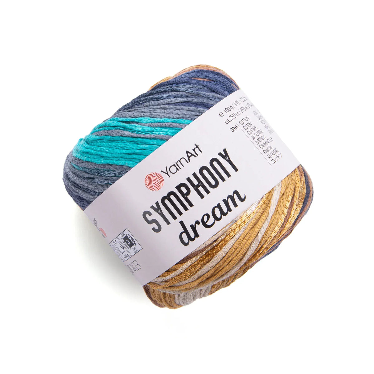 Ovillo de hilado YarnArt Symphony Dream color Bruma, con franjas turquesa, azul, gris, beige y dorado, algodón y viscosa.