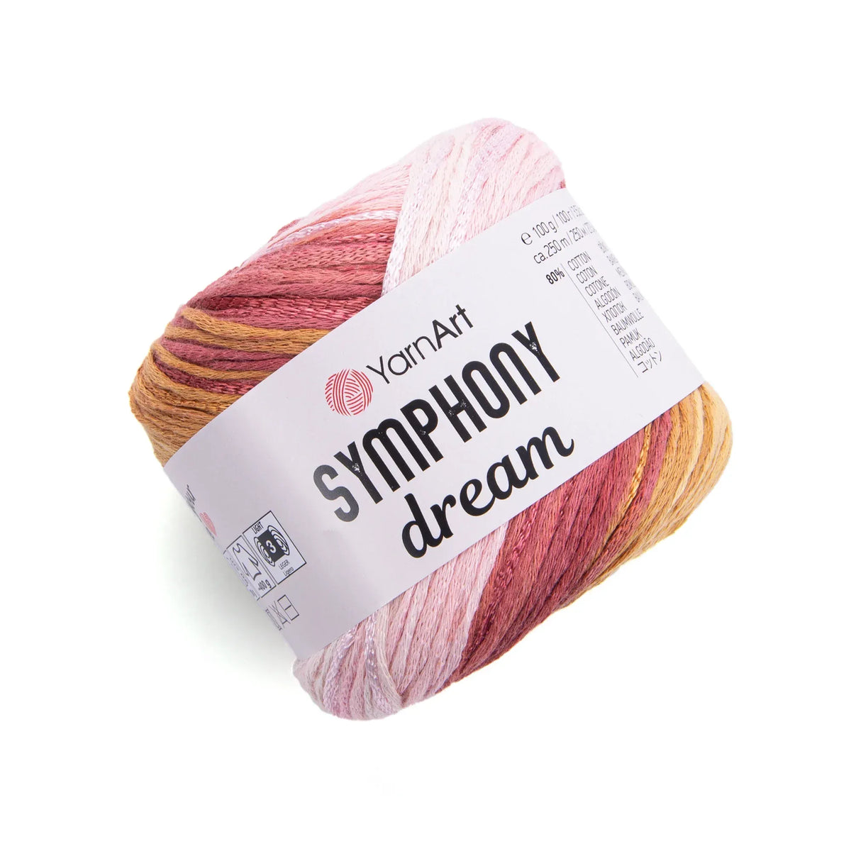 Ovillo de hilado YarnArt Symphony Dream color Coral, degradado en tonos rosados, rojos y dorados, de algodón y viscosa.