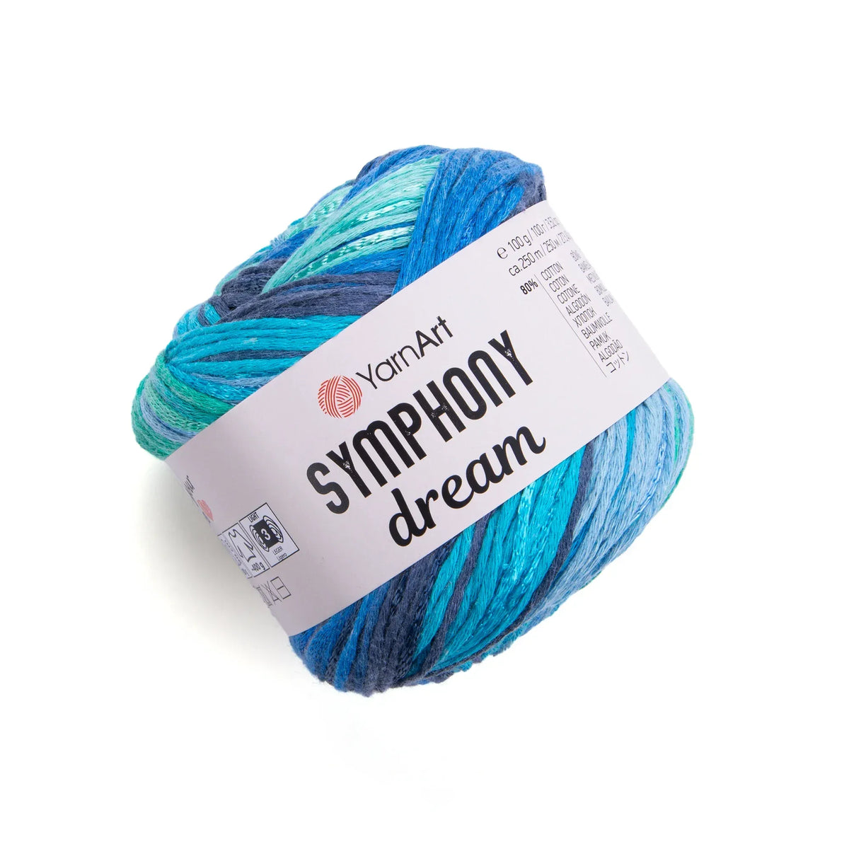 Ovillo de hilado YarnArt Symphony Dream color Turquesa, en tonos azules, turquesas y verdes, de algodón y viscosa.